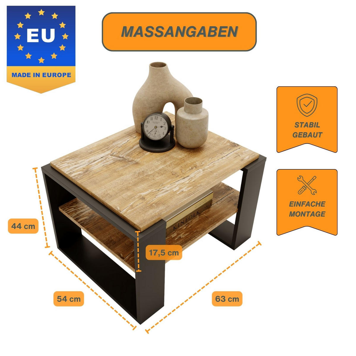 COUCHTISCH Holzwerkstoff rechteckig stabil Kiefer Milford 44/54/63cm - Kiefer Milford/Schwarz, Holzwerkstoff (54/63/44cm) - CraftPAK