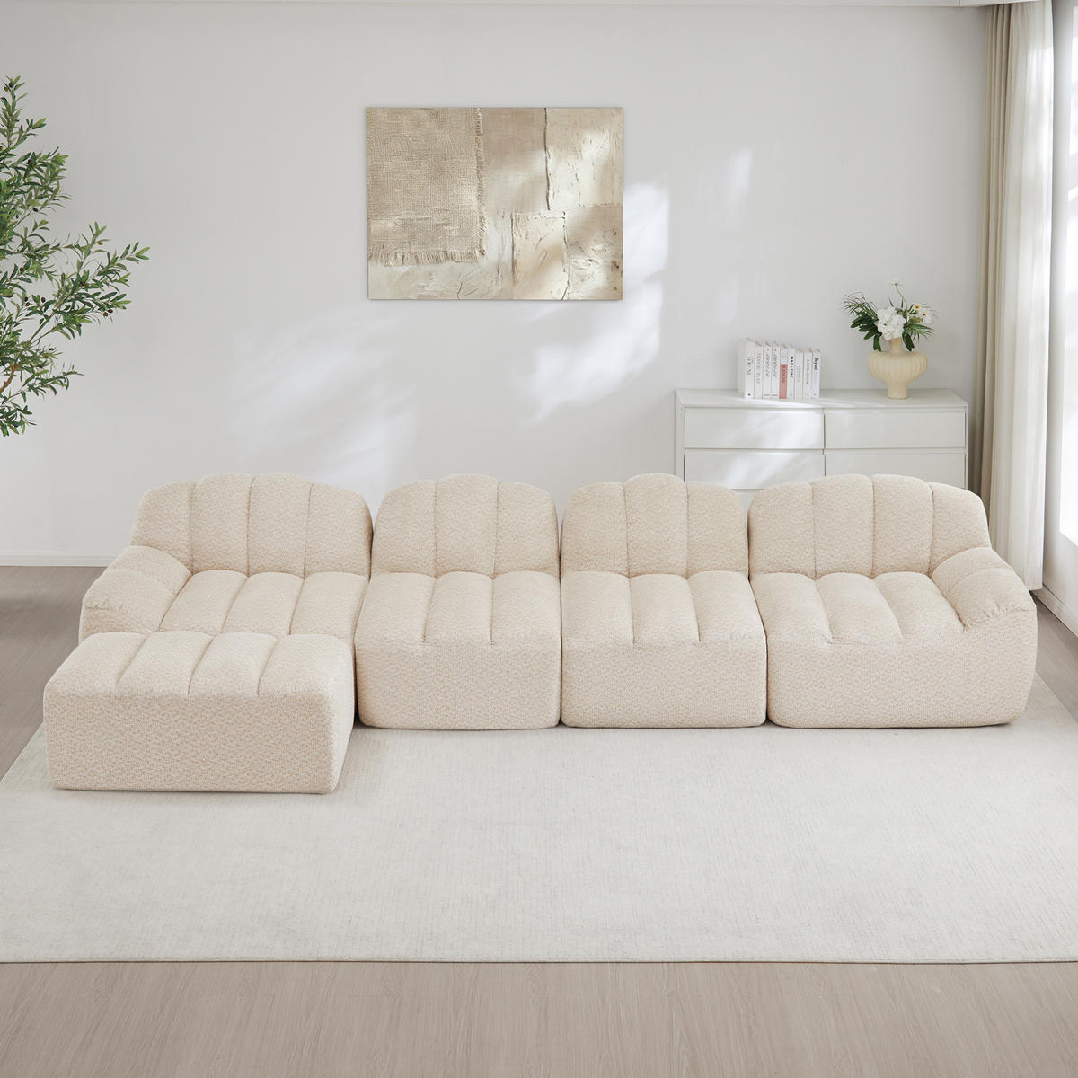 ECKSOFA 366/165/79 cm 4-Sitzer beige-weiß aus granuliertem Fleece modular mit Ottomane - Creme, Textil (165/366cm) - OKWISH