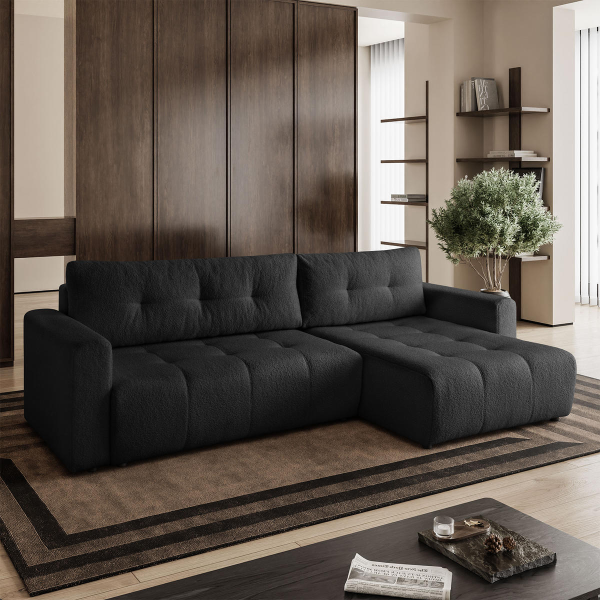 ECKSOFA WALONGO mit Schlaffunktion, Schwarz - Schwarz, Textil (261/143cm) - Fedve