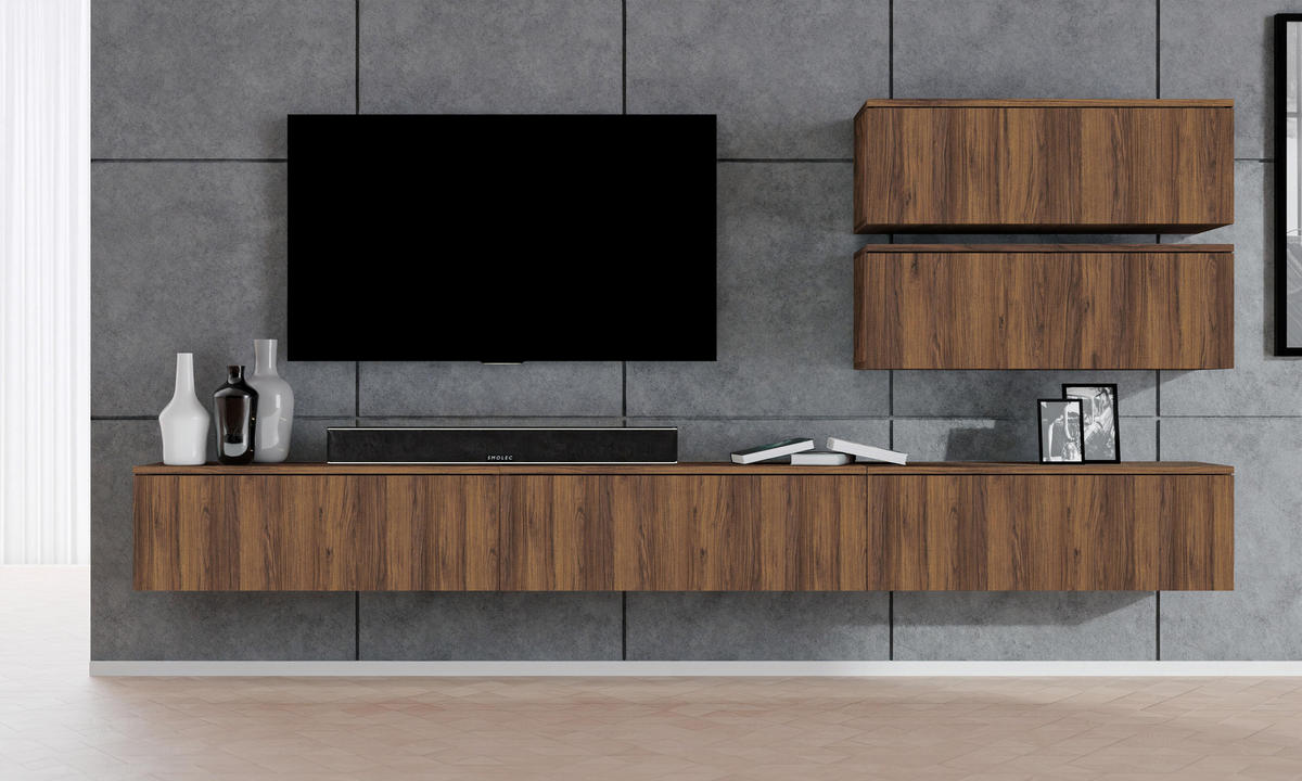 WOHNWAND Loriano V Nussbaum Warmia 300/102/32 cm Anbauwand - Nussbaumfarben, Holzwerkstoff (300/102/32cm) - AX Living