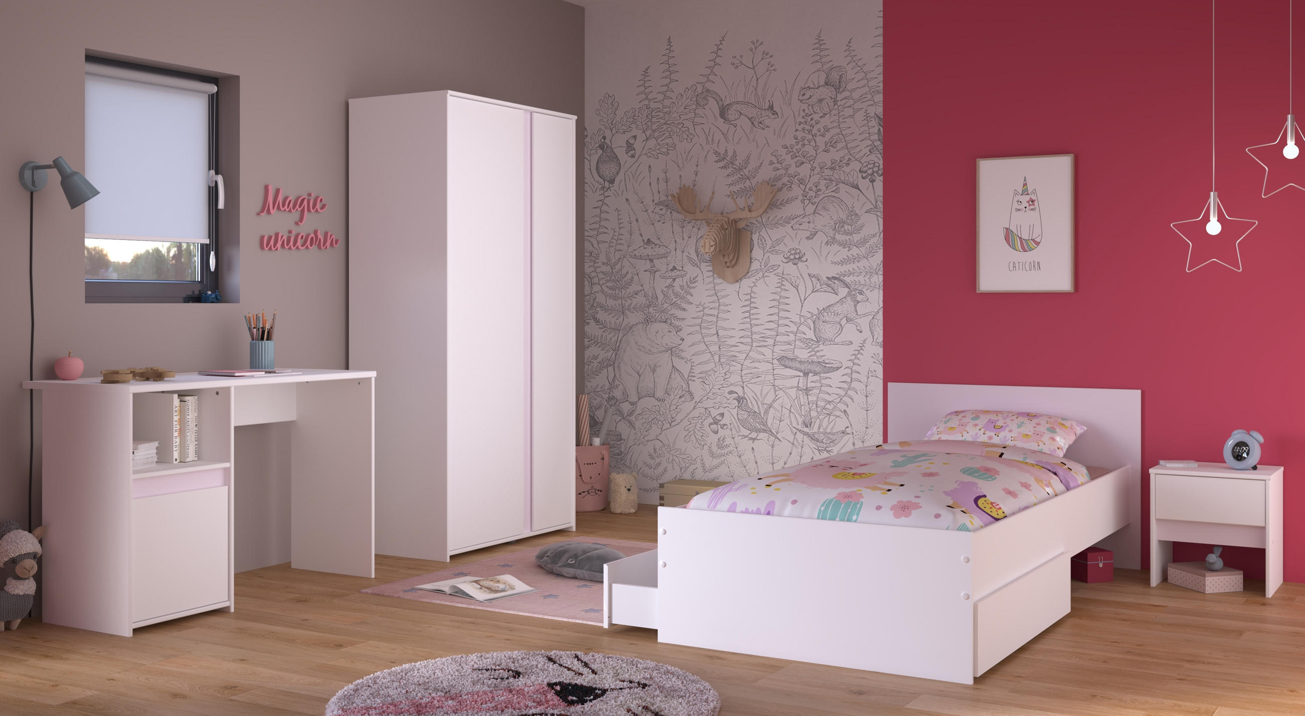 JUGENDZIMMER Pirouette 23 in Weiß mit Rosa oder Kieselgrau 5 teilig - Weiß, Holzwerkstoff (120/200/80cm)