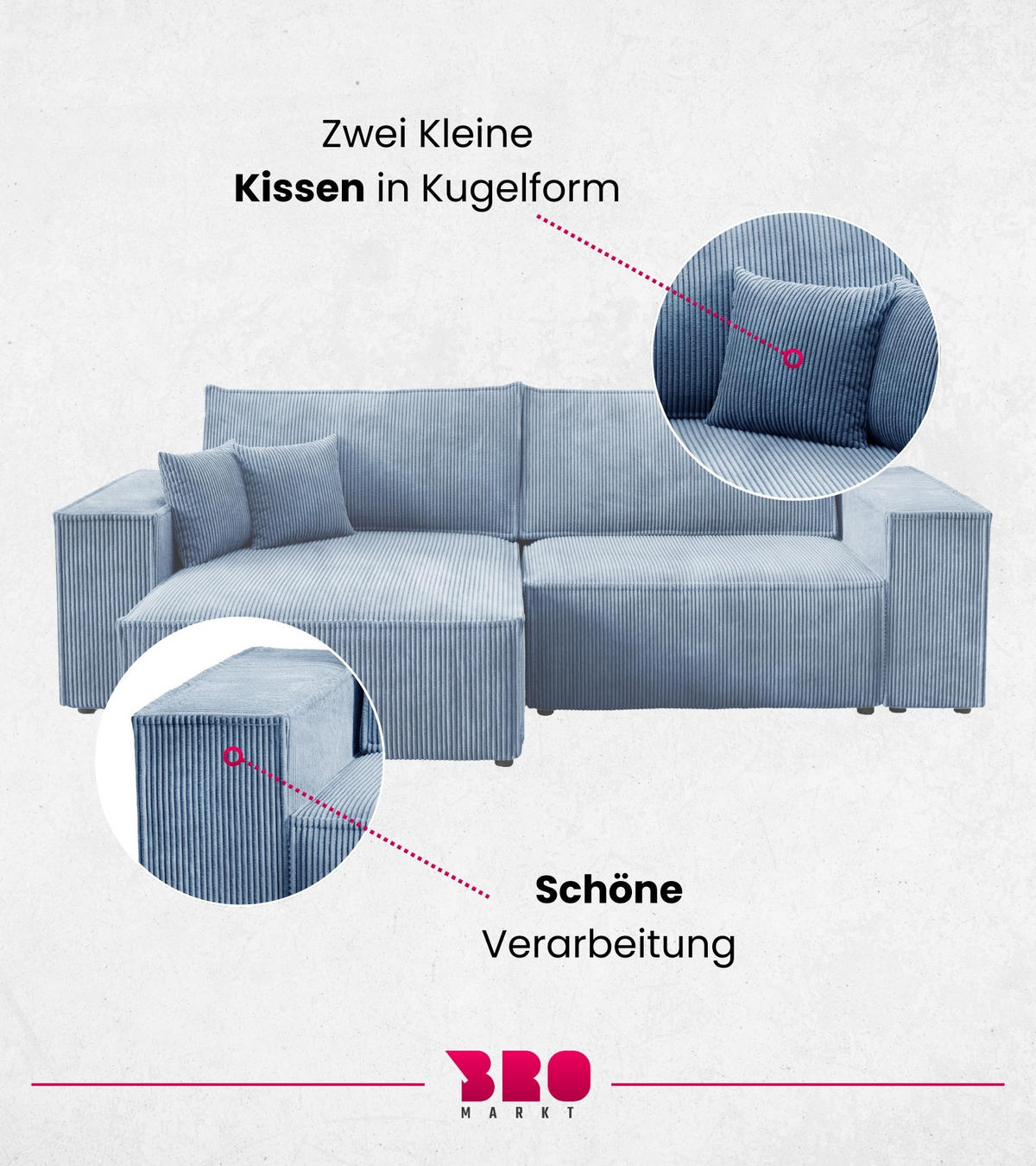ECKSOFA Pedro mit Schlaffunktion Himmelblau Cord - Blau, Textil (255/153cm) - Bromarkt