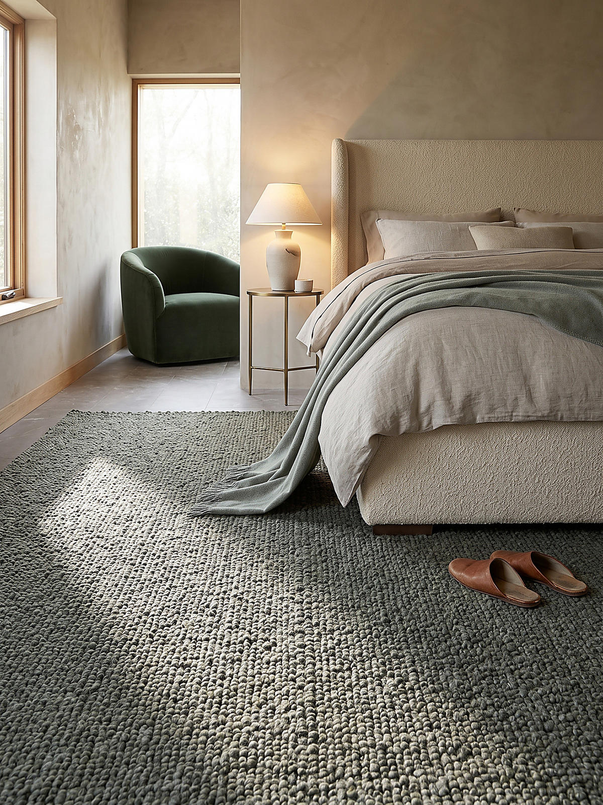 TEPPICH Kurzflor, handgewebt, GLAVEN, in Grün-Grau, Bouclé-Struktur, 120 x 170 cm - Grün, Textil (120/170cm) - KADIMA DESIGN