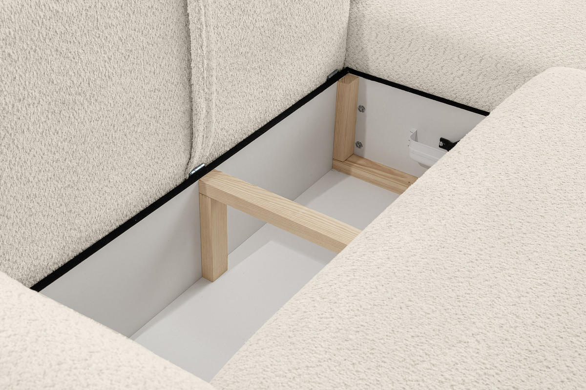 ECKSOFA Moon in L-Form mit Schlaffunktion und Bettkasten, Farbe: Beige, Bouclé-Stoff, Ottomane Rechts - Beige, Textil (260/136cm) - VENASI MÖBEL