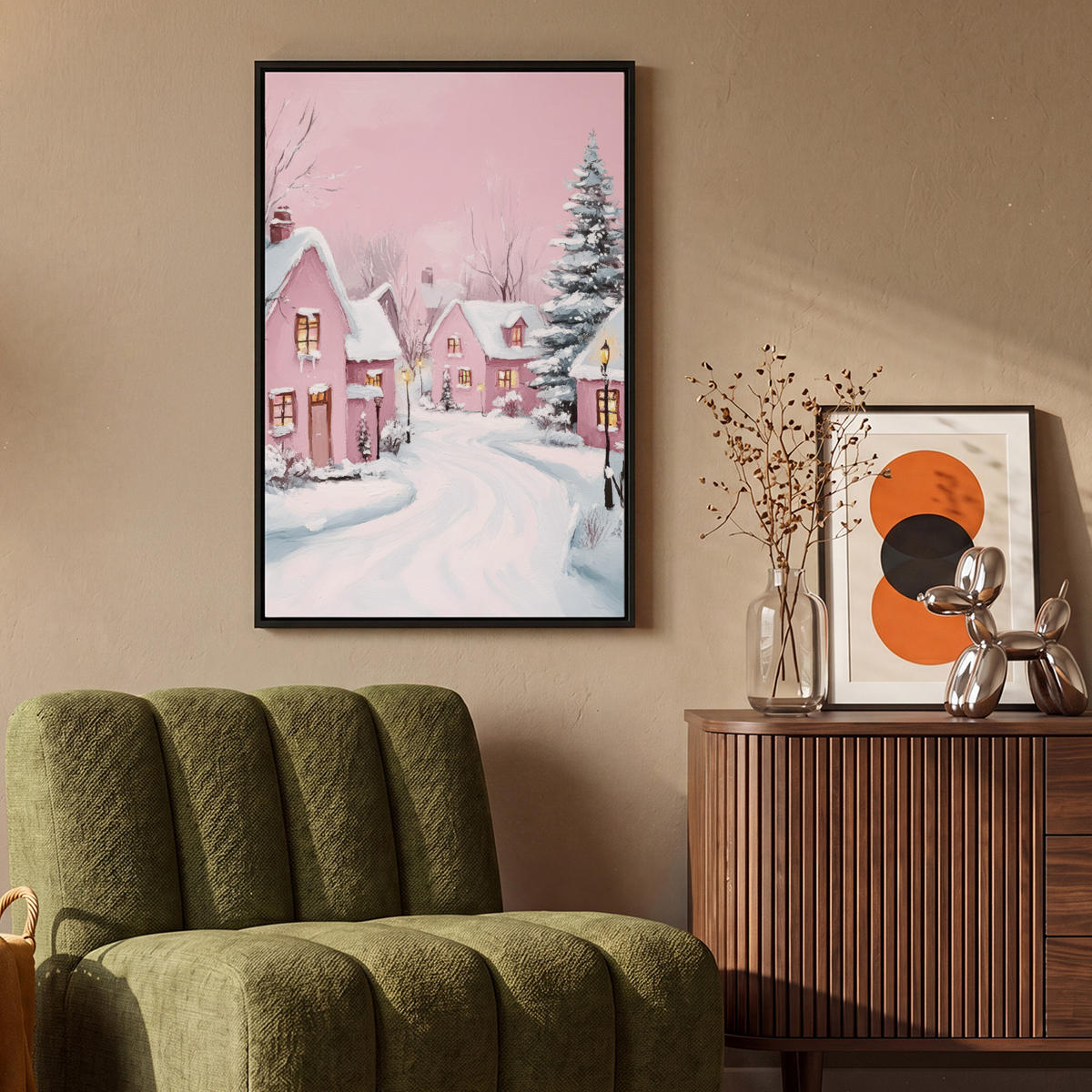 LEINWAND Bilder mit Rahmen - Weihnachtsdorf - Rosa - Winter - Schnee - Häuser - 60x90 - Altrosa, Textil (60/90cm) - MuchoWow