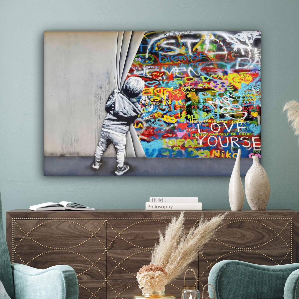 LEINWANDBILD Graffiti - Junge - Ilussie - Straßenkunst Wohnzimmer 120x80 cm - Hellgrau, Textil (120/80cm) - MuchoWow