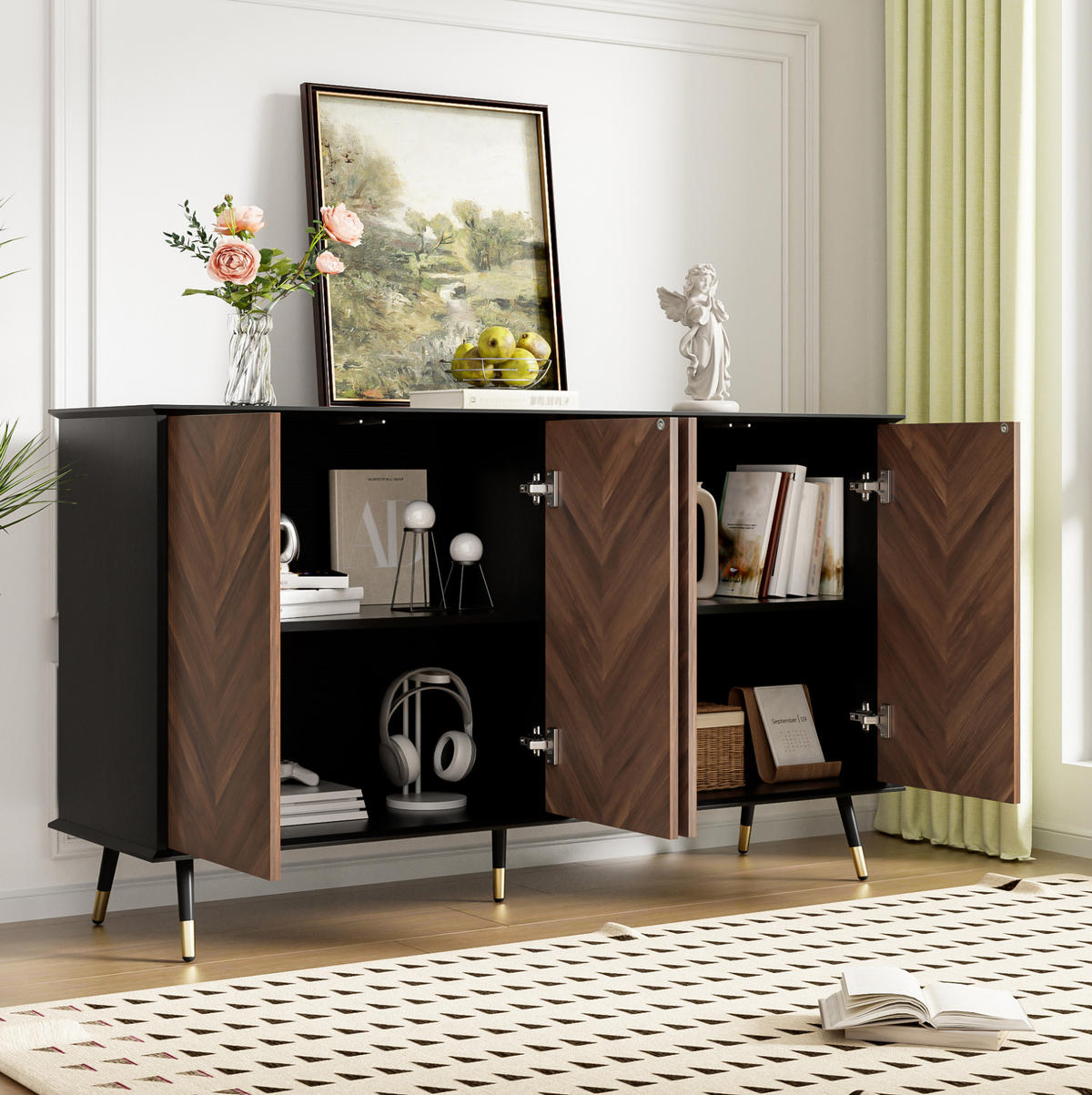 SIDEBOARD 140/40/80 cm in Schwarz/Braun mit 4 Türen und verstellbaren Regalen - Schwarz, Holzwerkstoff (140/80/40cm) - Flora Grace