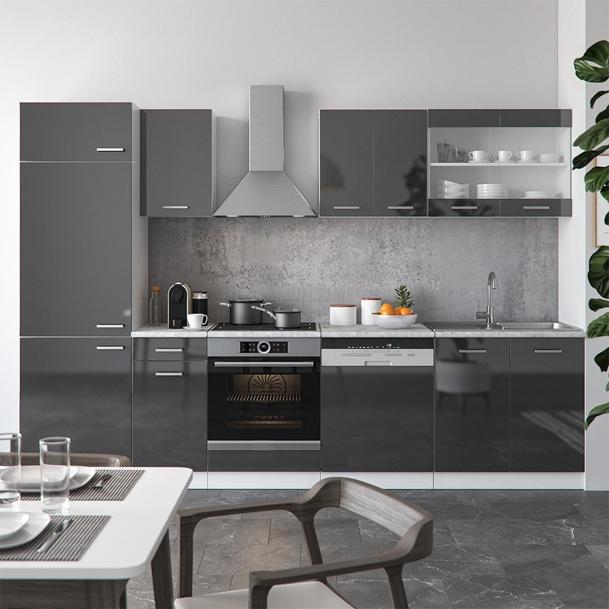 KITCHENETTE R-Line Antracit lucios/alb 300 cm fara blat - alb/negru cu luciu intens, compozit lemnos (300/206.8/46cm) - Vicco