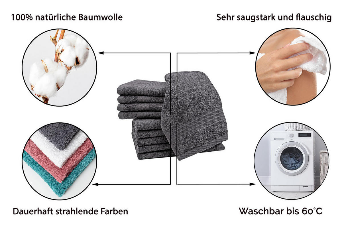 GÄSTETÜCHER, 10er-Set, 30x50 cm, 100% Baumwolle, Grau - Anthrazit, Textil (30/50cm) - Zollner