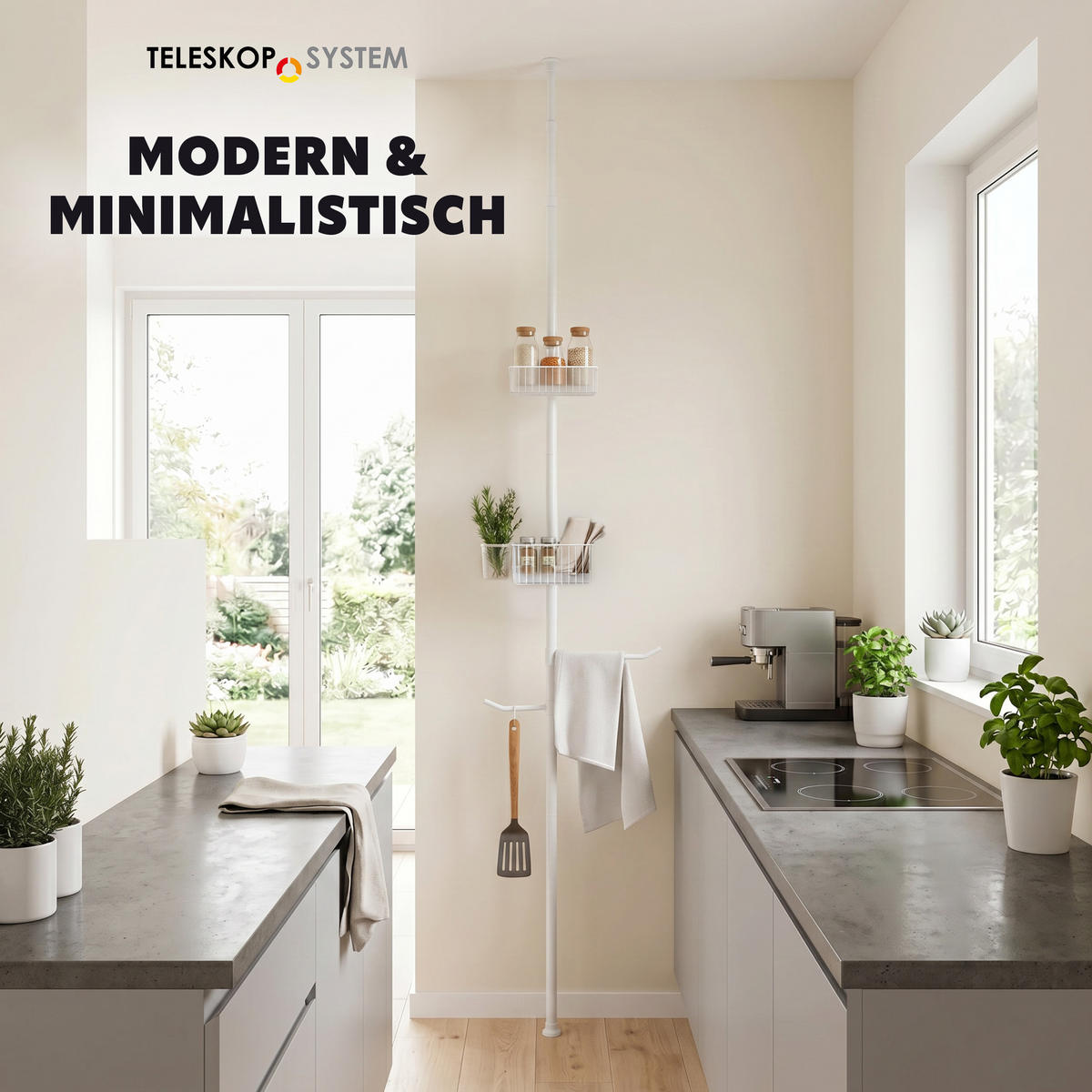 TELESKOP-KÜCHENREGAL, ausziehbar bis max. 290 cm, Metall, weiß - Weiß, Metall (34.5/290/34.5cm) - bremermann