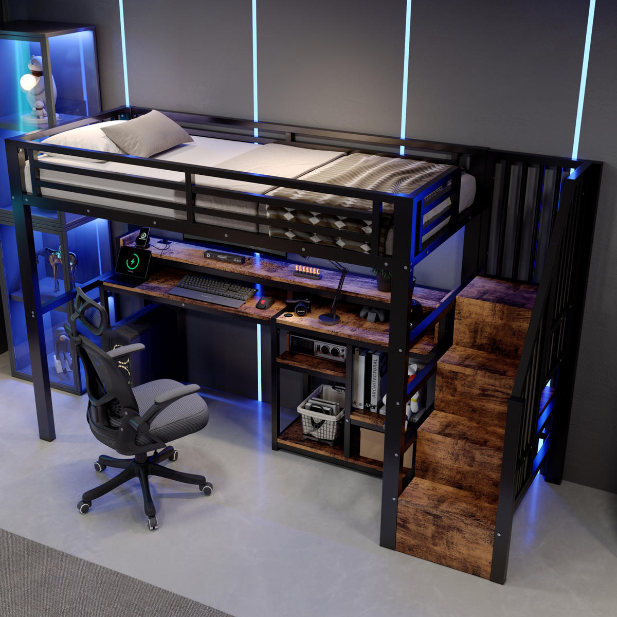 HOCHBETT MDF & Metall 90x200 cm Schwarz mit Leiterschrank, LED-Lichtleiste, USB + Typ-C - Schwarz, Holzwerkstoff (90/200cm) - Modfu
