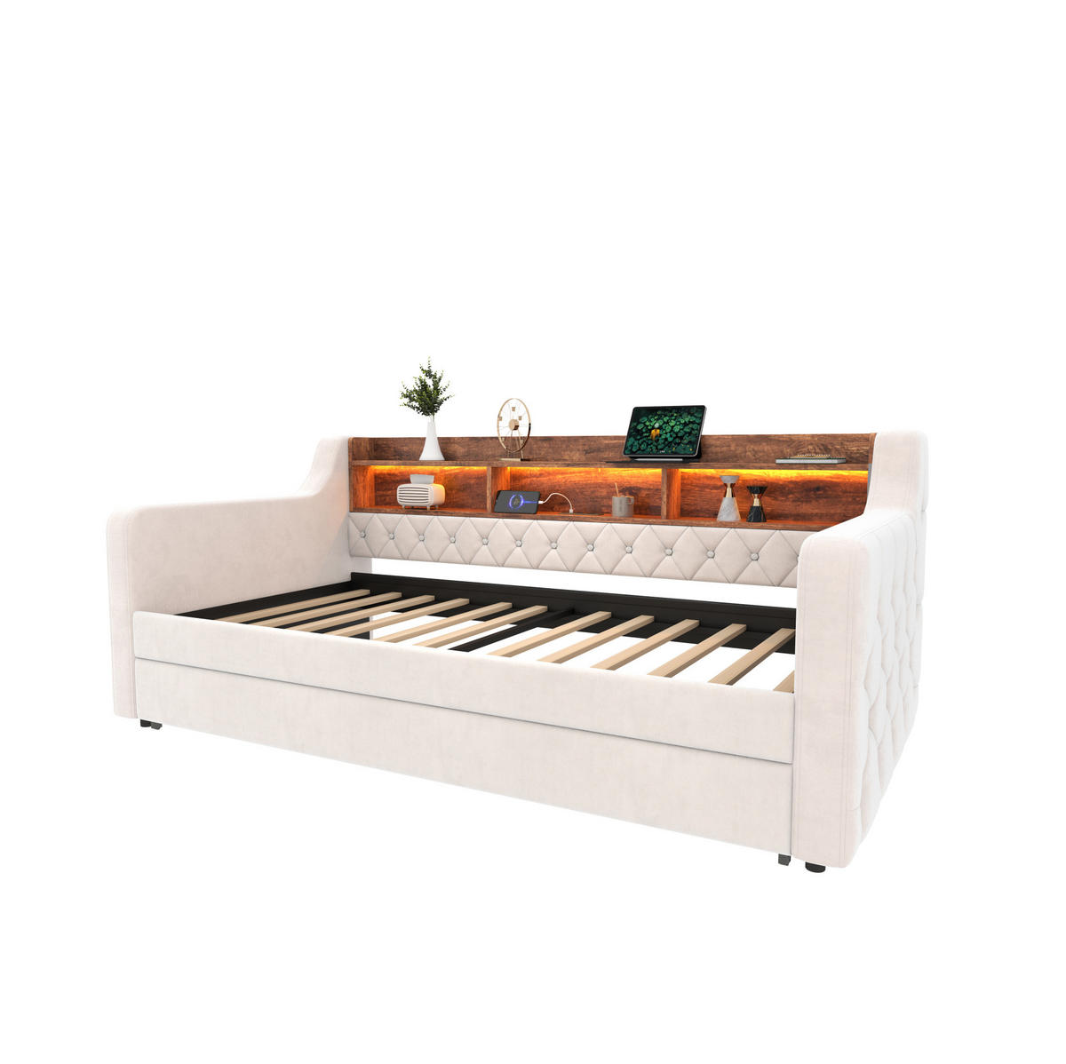 BETT 90/190 cm Beige aus Samt mit Stauraum, LED und USB-C - Beige, Textil (90/190cm) - OKMYHOME