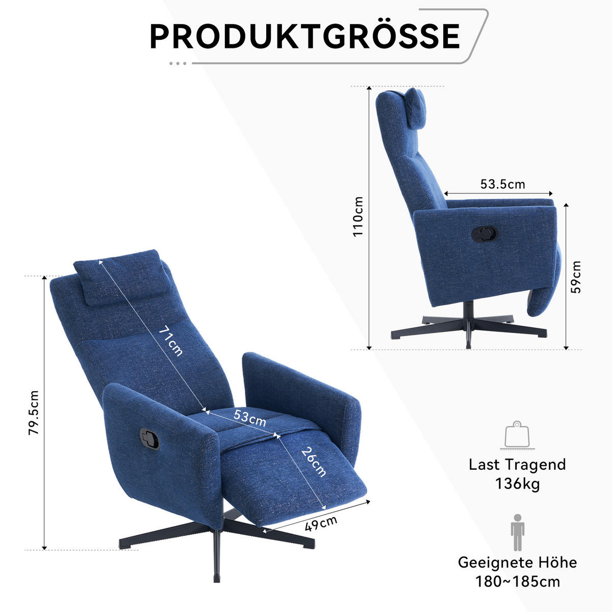 RELAXSESSEL Chenille mit Liegefunktion und 360° Drehfunktion 67/80.5/110 cm Blau - Blau, Textil (80.5/110/67cm) - Redom