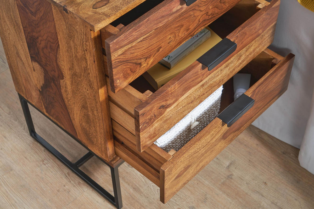 NACHTTISCH – Massivholz/Eisen, 50x40x65 cm, 3 Schubladen, Industrial-Stil - Schwarz/Braun, Holz/Metall (50/65/40cm) - KADIMA DESIGN