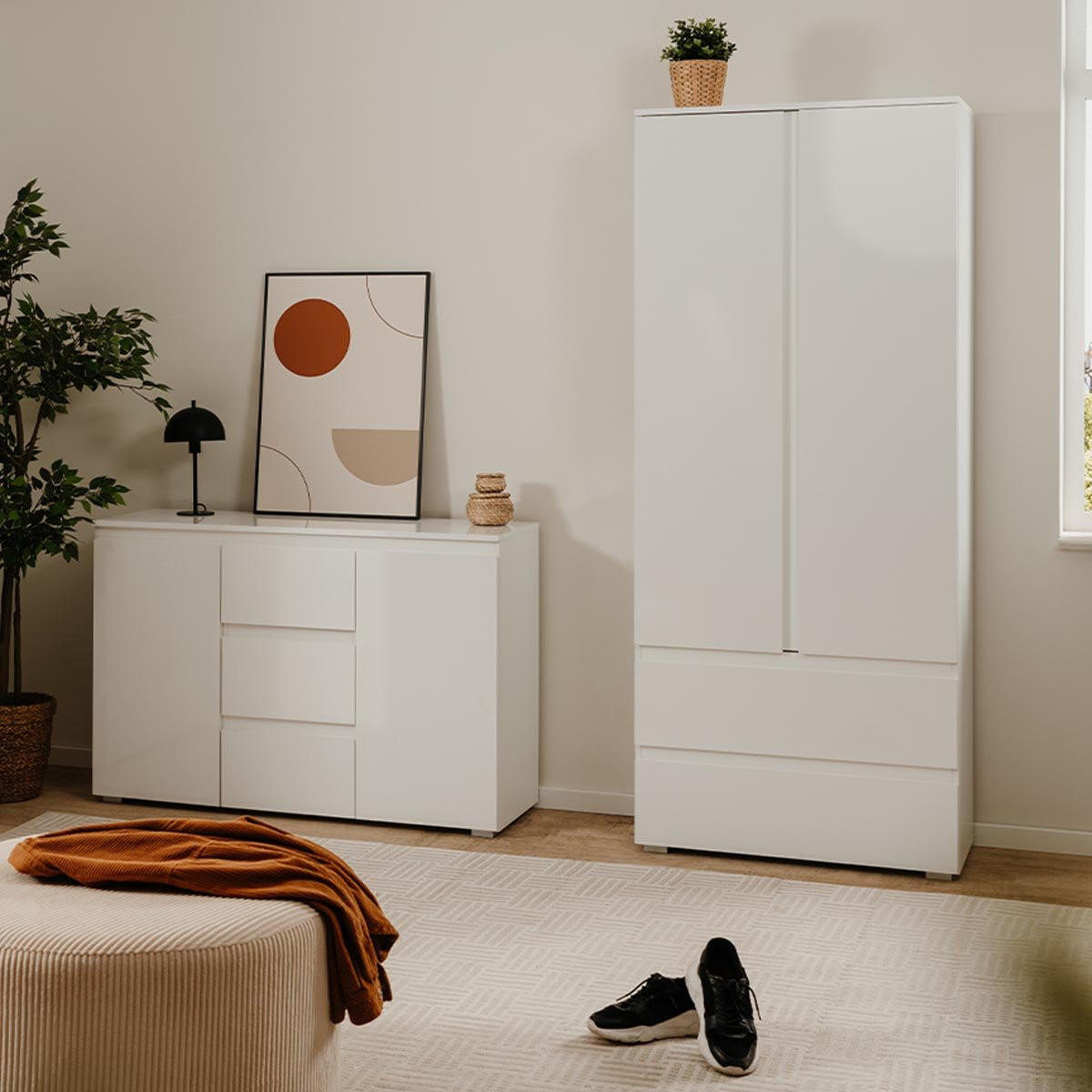 SIDEBOARD 2 Türen 3 Schubladen Weiß L120 cm - Pretoria - Weiß, Holzwerkstoff (40/80.5/120cm) - Calicosy