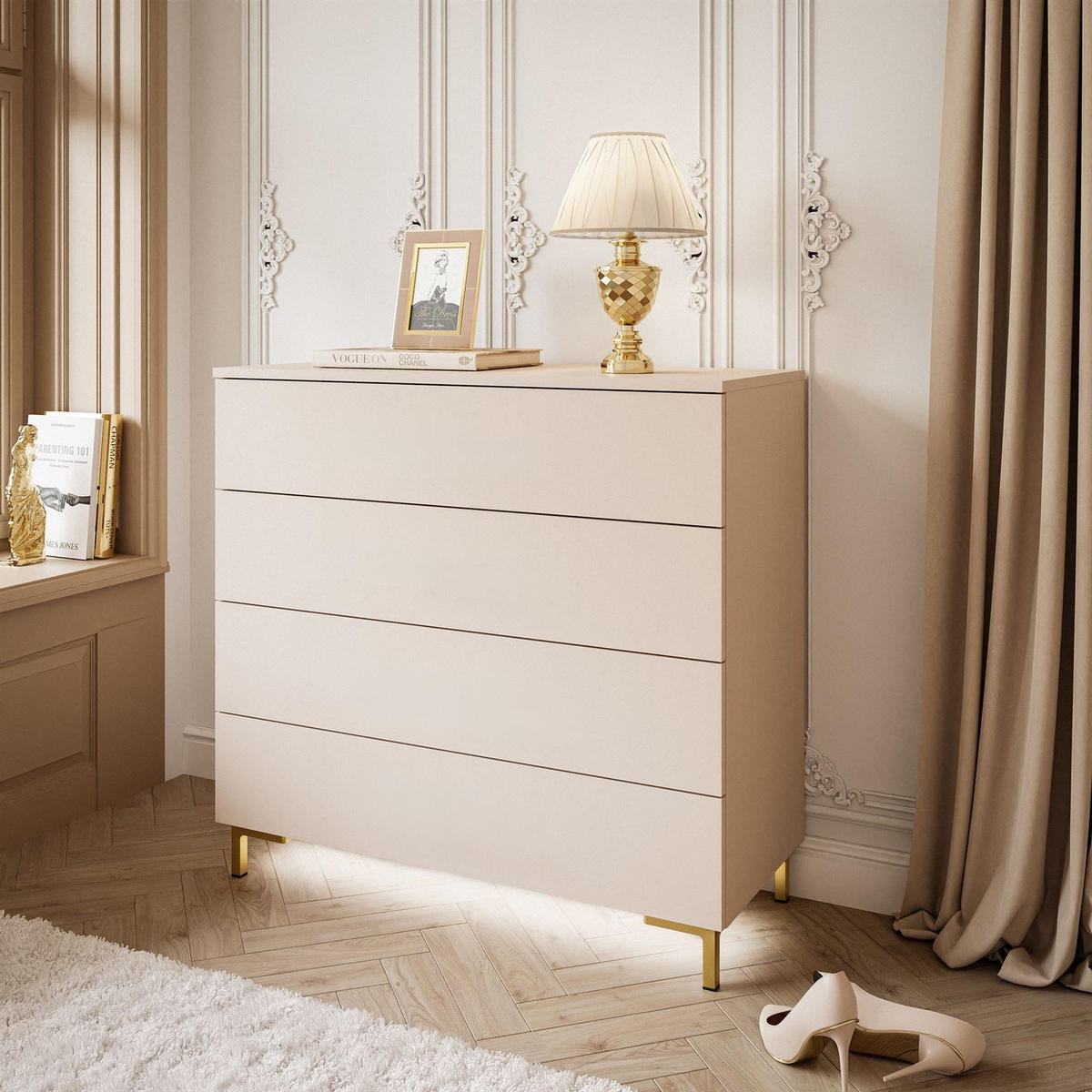 KOMMODE LINA KASCHMIR 4S mit Schubladen und LED-Beleuchtung Goldene Beine - Kaschmir/Goldfarben, Holzwerkstoff (95/86/40cm) - Lookway