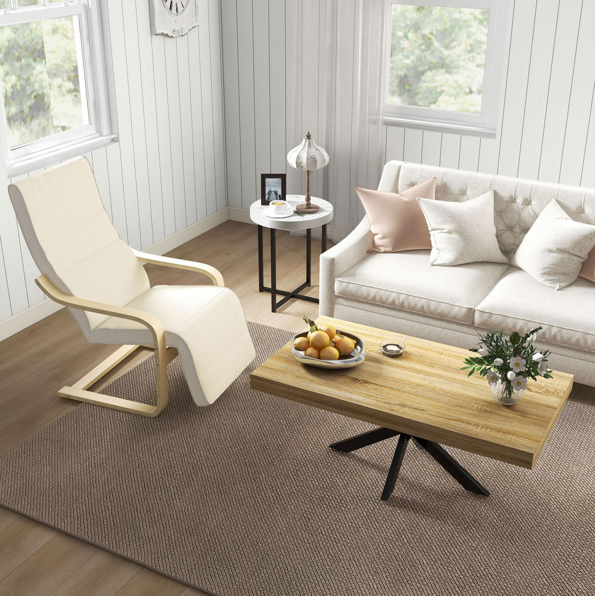 RELAXAČNÍ křeslo 66,5/94/100 cm krémově bílé z březového dřeva a polyesteru s nastavitelnou podnožkou - béžová, textil (94/100/66.5cm) - OKWISH
