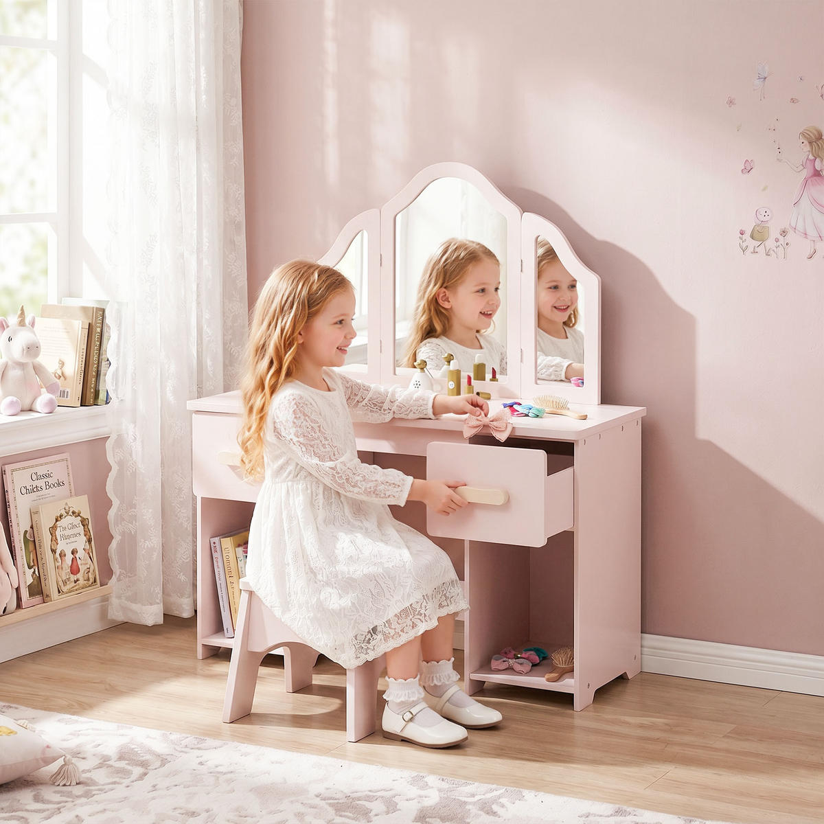 KINDERSCHMINKTISCH-SET MDF Acryl Rosa - Rosa/Naturfarben, Holzwerkstoff (33/90.7/79.5cm) - AIYAPLAY