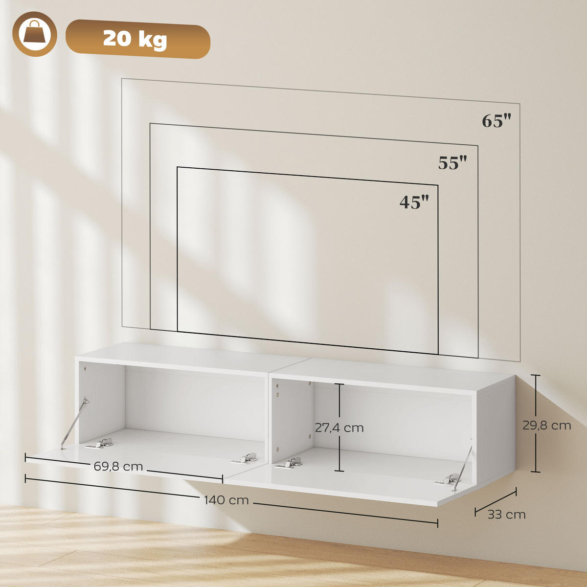 TV Schrank hängend 140 cm TV Board für Fernseher bis zu 65 Zoll mit Stauraum - Weiß, Holzwerkstoff (33/29.8/140cm) - HOMCOM