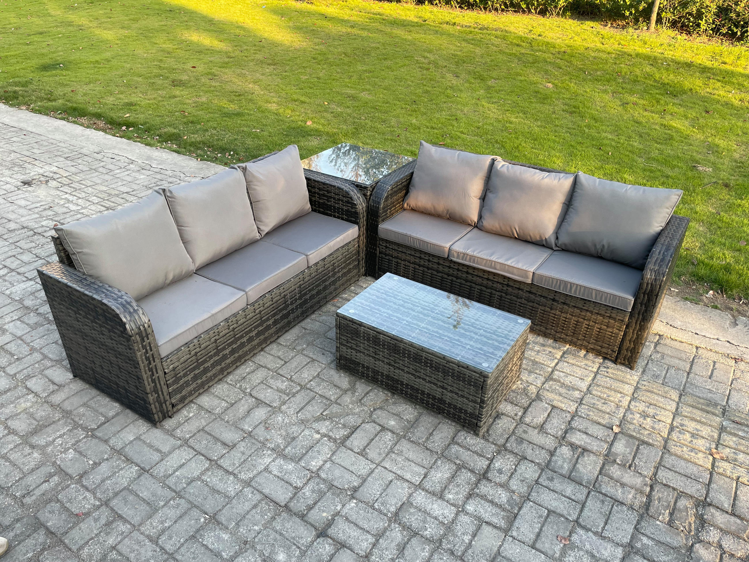 GARTENMÖBEL-SET mit Kissen Polyrattan Dunkelgrau 6-Sitzer - Dunkelgrau/Grau, Glas/Kunststoff - Fimous