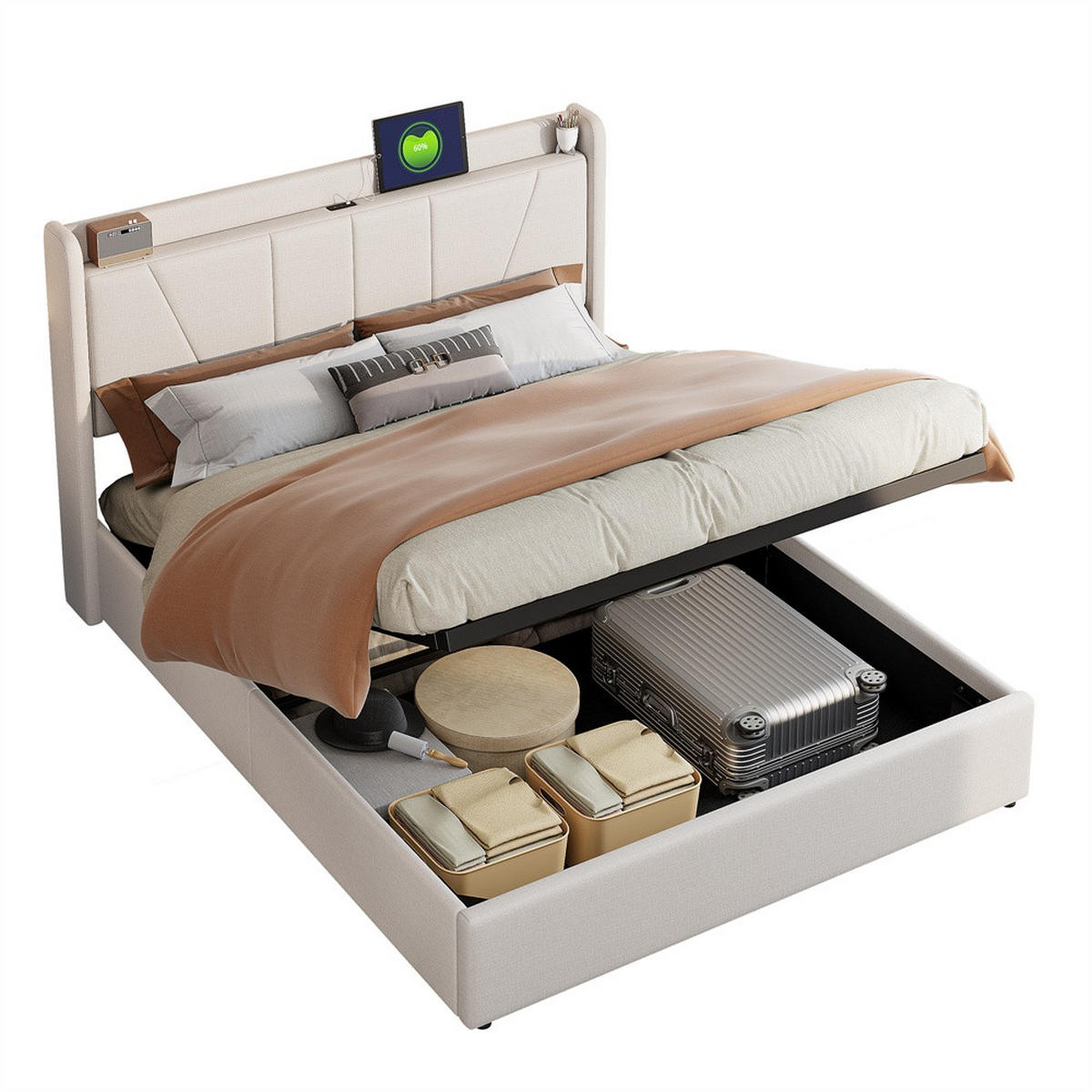 POLSTERBETT 140x200 cm - Hydraulisches Stauraumbett mit USB- und Type-C-Ladefunktion - ohne Matratze - Beige - Beige, Textil (140/200cm) - DELFA