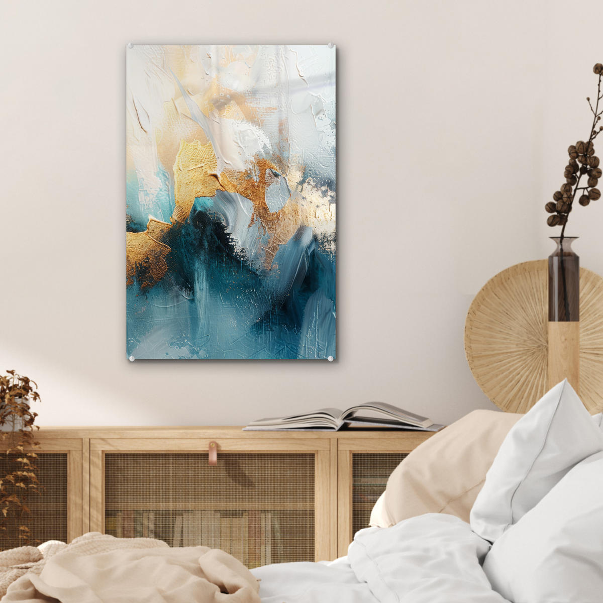 ACRYLGLASBILD Abstrakt - Kunst - Gold - Blau 40x60 cm - Petrol, Glas (40/60cm) - MuchoWow
