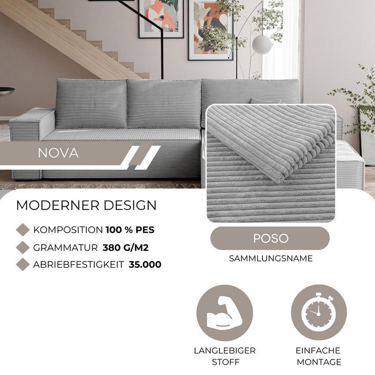 ECKSOFA NOVA mit Schlaffunktion und Bettkasten Hellgrau - Hellgrau, Holzwerkstoff/Kunststoff (250/90cm) - Idohome