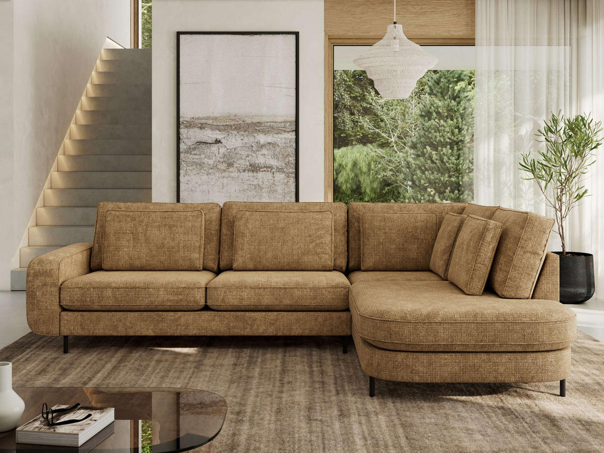 ROHOVÁ SEDAČKA CALENO L - Světle hnědá hladký senil - Levá Strana - černá/světle hnědá, kov/textil (317/225cm) - MKS