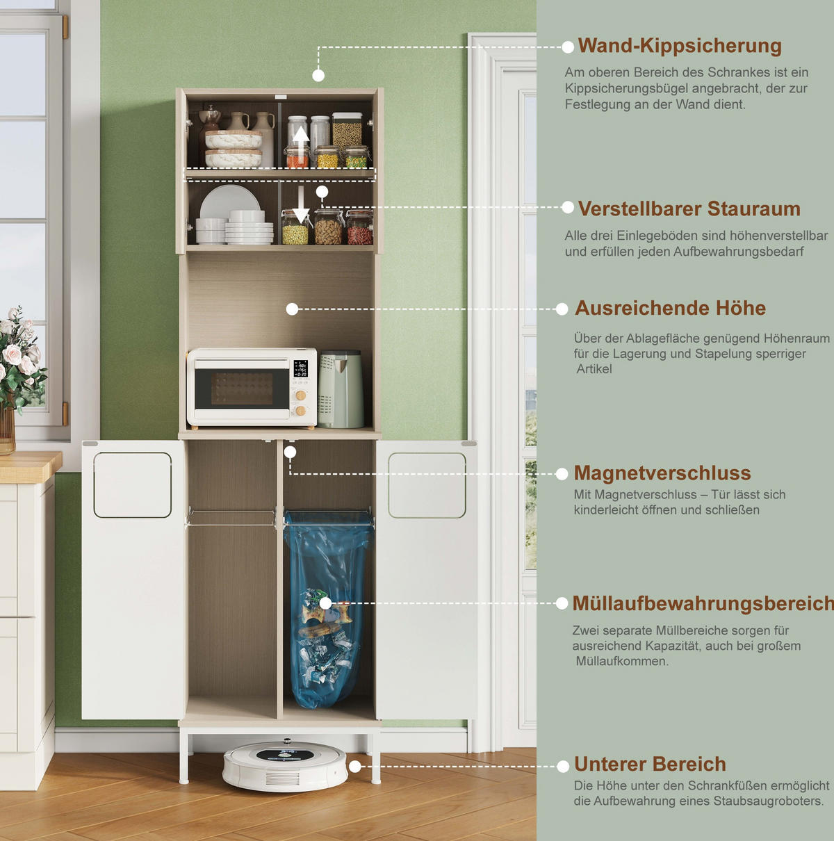 BUFFET 53/35/181 cm aus MDF mit Müllfach und Mikrowellenfach Weiß - Weiß, Holzwerkstoff (35/181/53cm) - Modenvie
