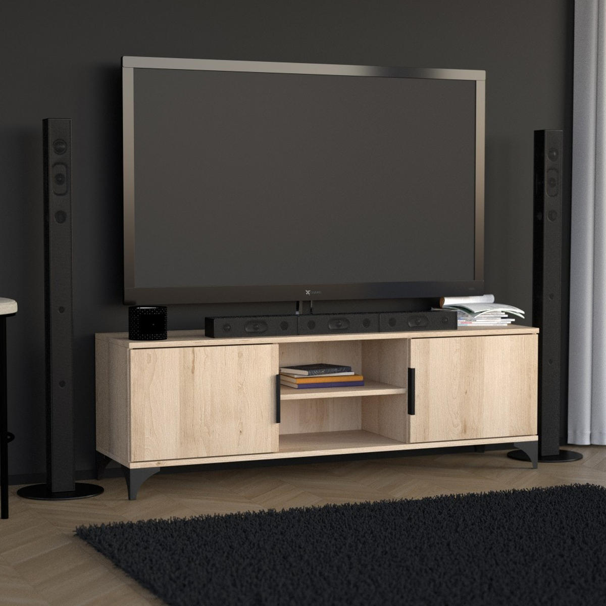 LOWBOARD Home mit 2 Türen, mit Griffen, eiche Artisan - Schwarz/Eiche Artisan, Holzwerkstoff (150/50/40cm) - Beautysofa