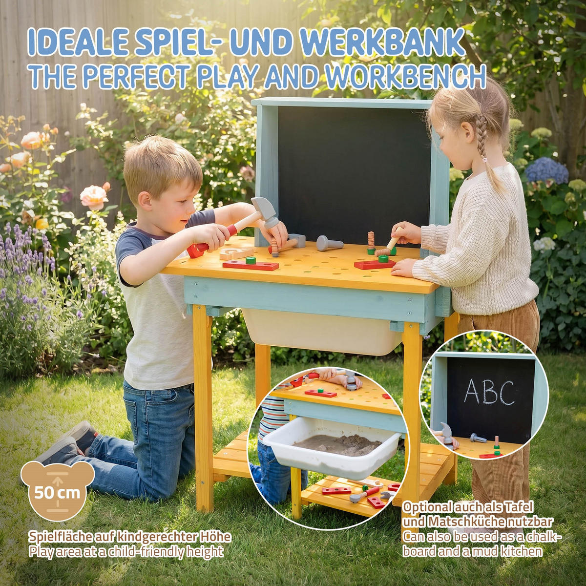 WERKBANK KINDER HOLZ ‎101x37x81 cm ‎Gelb-Türkis - Gelb, Holz/Kunststoff (101/81/37cm) - Joyz