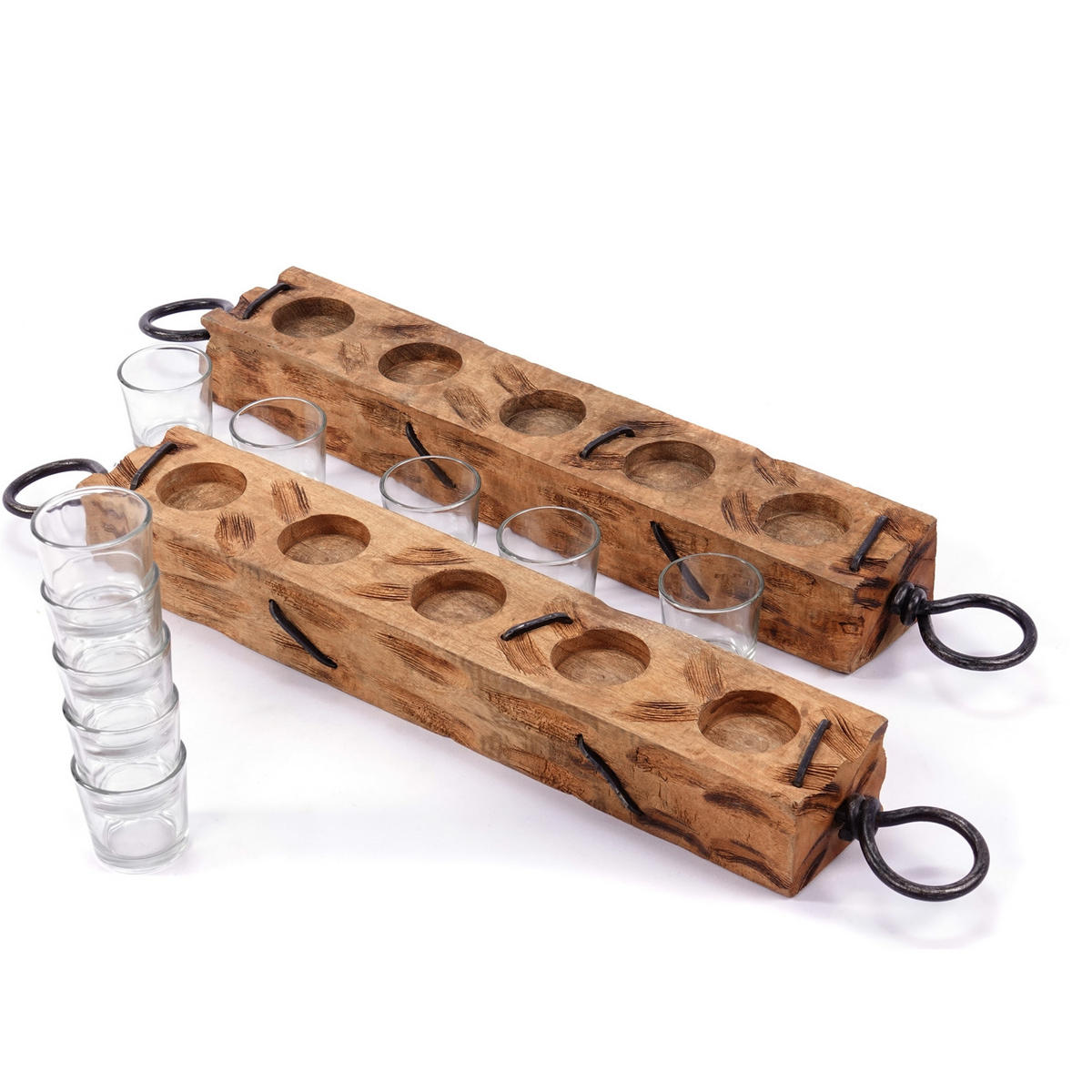 TEELICHTHALTER Burnt 70 Mangoholz, mit Glaseinsatz für 5 Teelichter natur-schwarz - Naturfarben, Holz (70/12/9cm) - CREEDWOOD