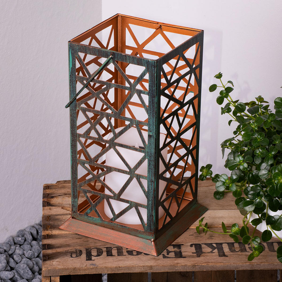 LED AUSSENLEUCHTE Feuereffekt Rostgrün - Braun, Metall (14/14/27cm) - Globo Lighting