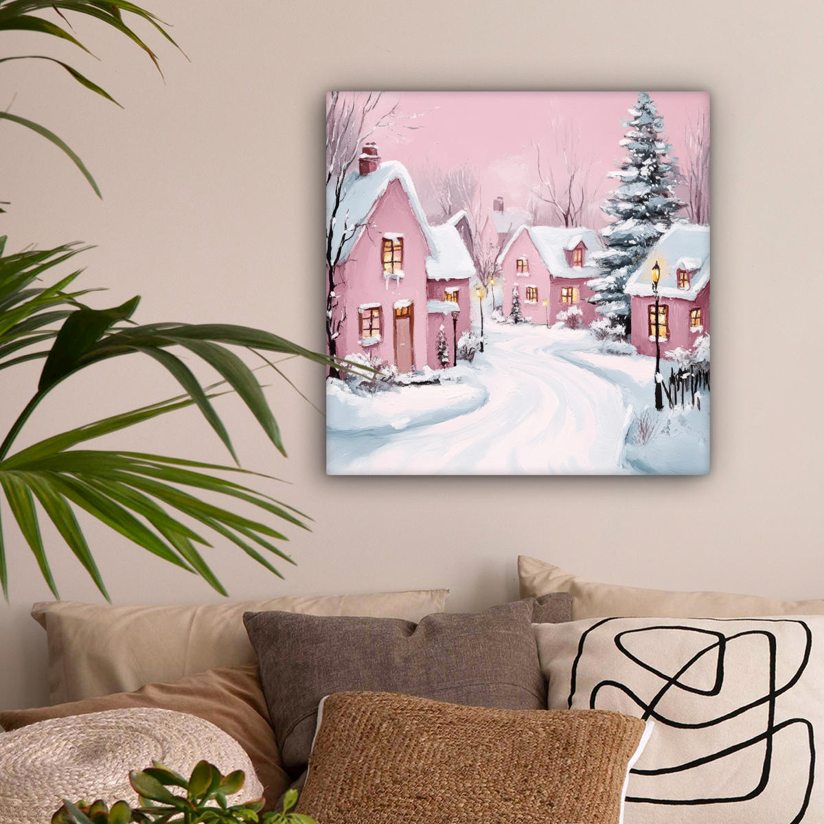 LEINWANDBILD Weihnachtsdorf - Rosa - Winter - Schnee - Häuser 50x50 cm - Altrosa, Textil (50/50cm) - MuchoWow