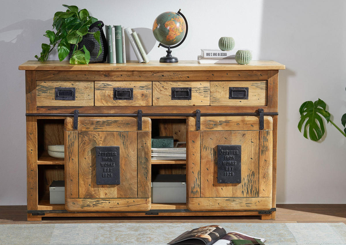 SIDEBOARD Mango 150x45x90 natur lackiert RAILWAY #120 - Naturfarben, Holz (150/90/45cm) - Massivmoebel24