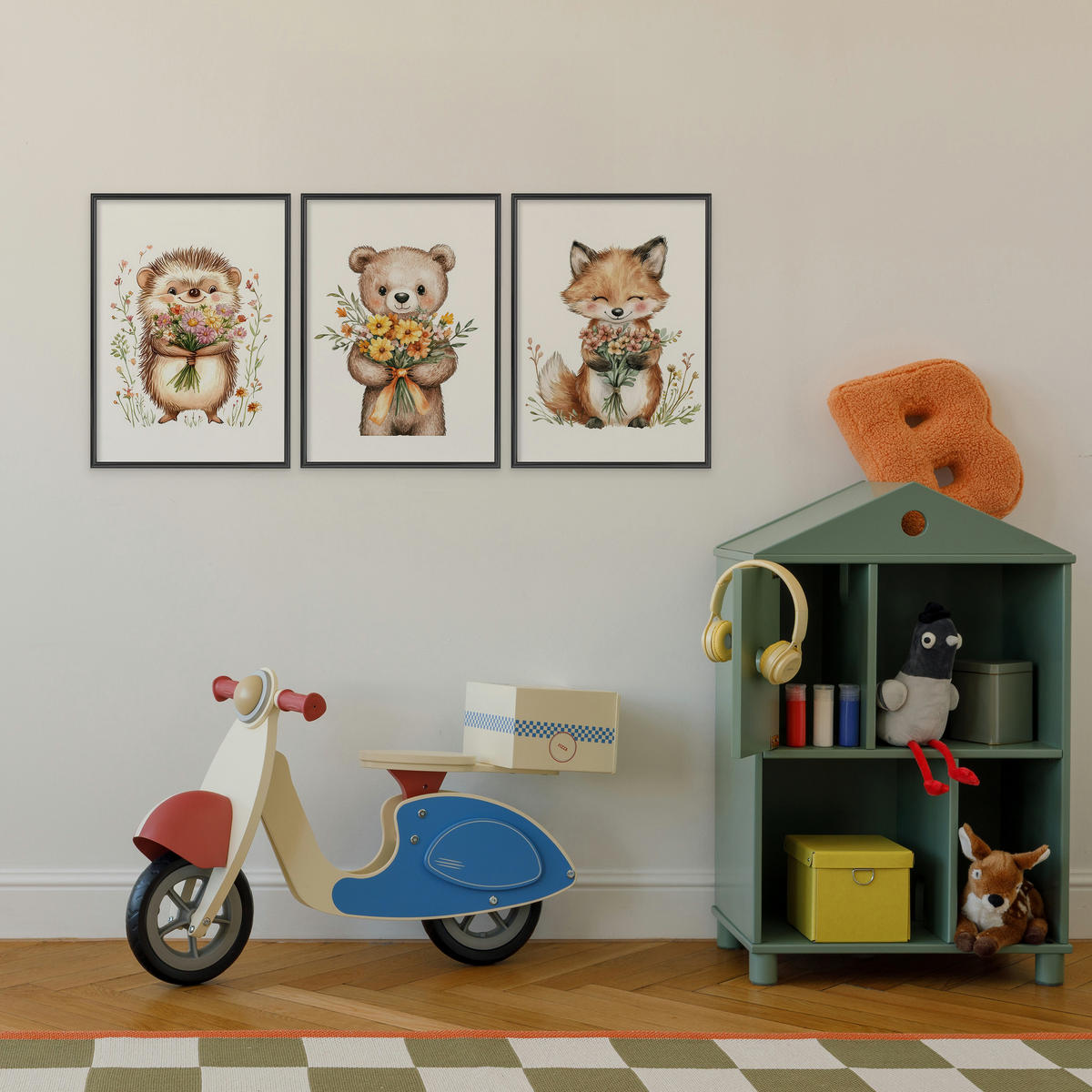 POSTER SET ohne Rahmen für Kinder WALDTIERE Blumen Pflanzen 3x Poster A4 21x30cm - Gelb/Beige, Papier (21/30/1cm) - Muralo