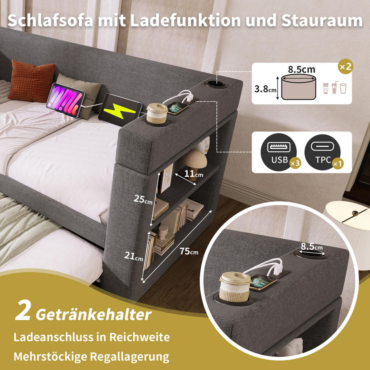 TAGESBETT 90x200cm Einzelbett Schlafsofa Ausziehbett USB-C Getränkehalter Grau - Grau, Holz (98/74/217cm) - FLIEKS