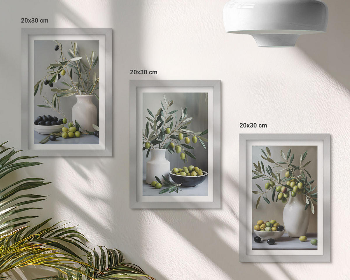 BILDER SET 3er Set - 20x30 cm Silberner Rahmen - Oliven in grauen Vasen - Silberfarben, Kunststoff (20/30cm) - TULUP