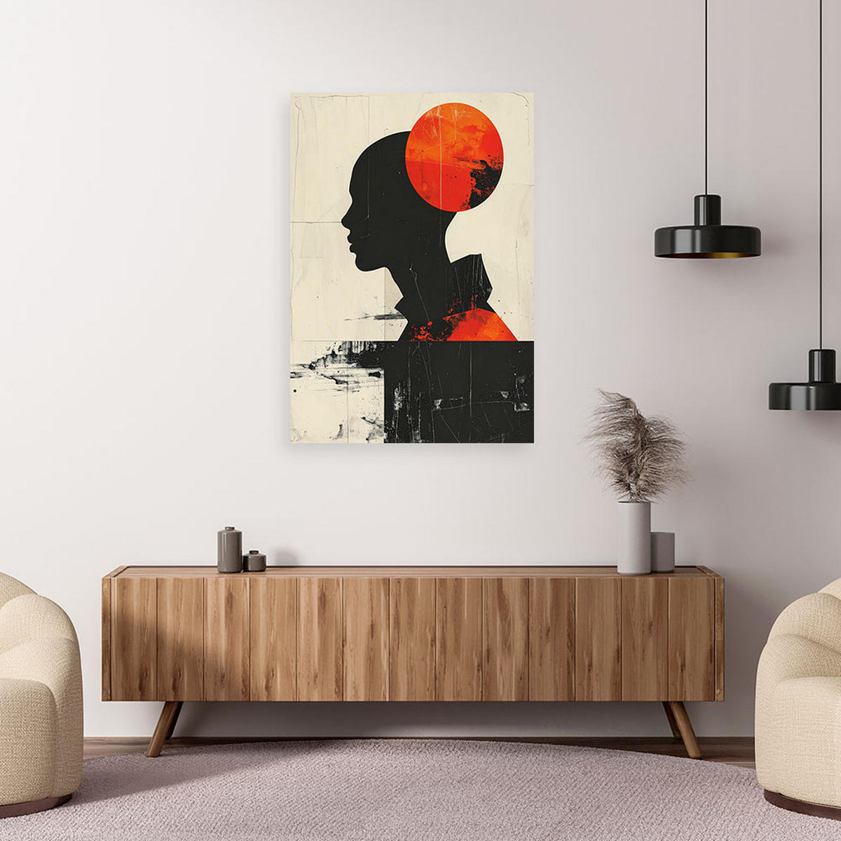 LEINWANDBILD, Silhouette einer Frau mit roter Sonne - Orange, Textil (60/90cm) - Feeby