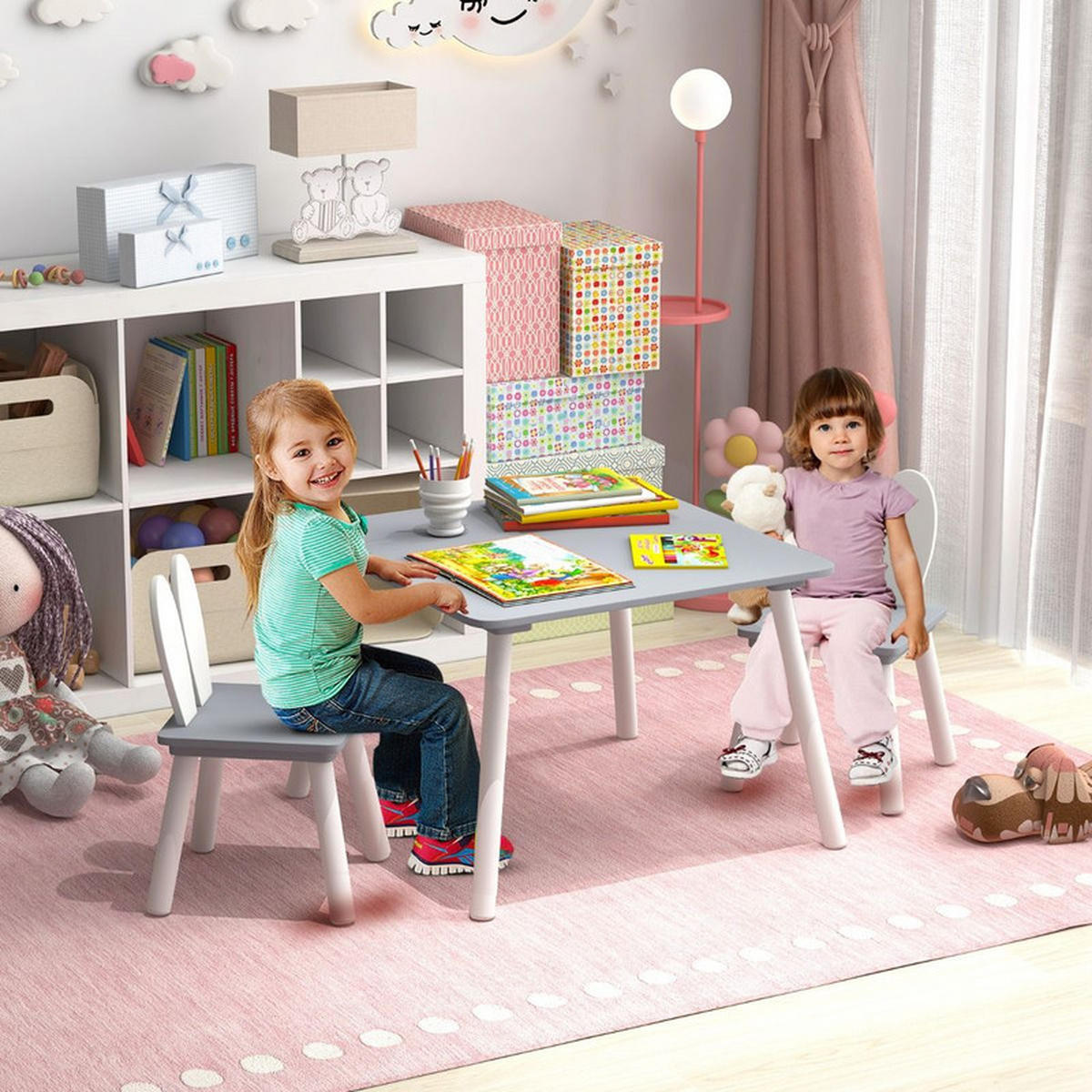 KINDERTISCH mit 2 Stühlen grau(3-tlg) - Grau, Holzwerkstoff (62/43/62cm) - COSTWAY