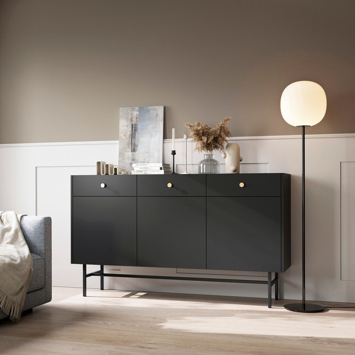 KOMMODE Dalia mit 3 Türen und 3 Schubladen, 104 cm, Schwarz - Schwarz, Holzwerkstoff/Metall (155/84/39cm) - Beautysofa