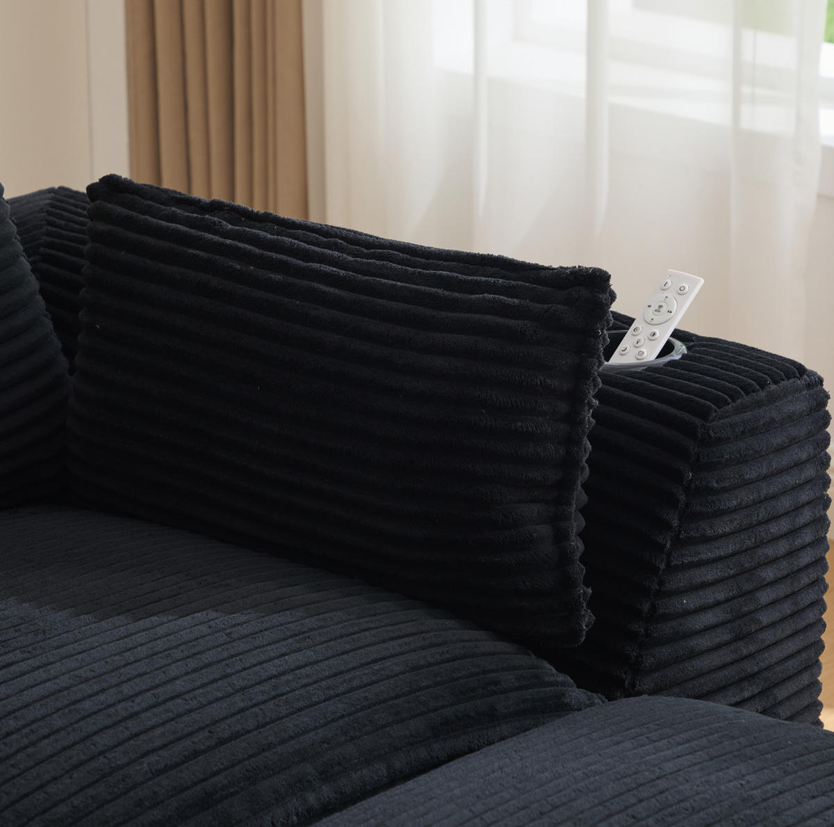 ECKSOFA 256/161/75 cm schwarz aus Cord mit Kissen und Seitentaschen - Schwarz, Textil (161/256cm) - OKWISH