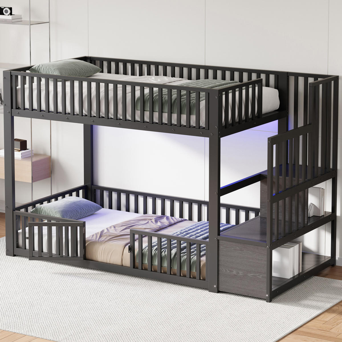ETAGENBETT 90/200 cm DE-03431, mit Stauraumleiter und LED, in Schwarz - Schwarz, Holzwerkstoff/Metall (90/200cm) - ComfortXL