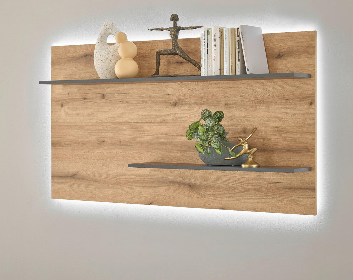 WANDREGAL Eiche Evoke, grau 155 cm, Wandpaneel inklusive LED-Beleuchtung - Naturfarben, Holzwerkstoff (155/80/20cm) - Furn.Design