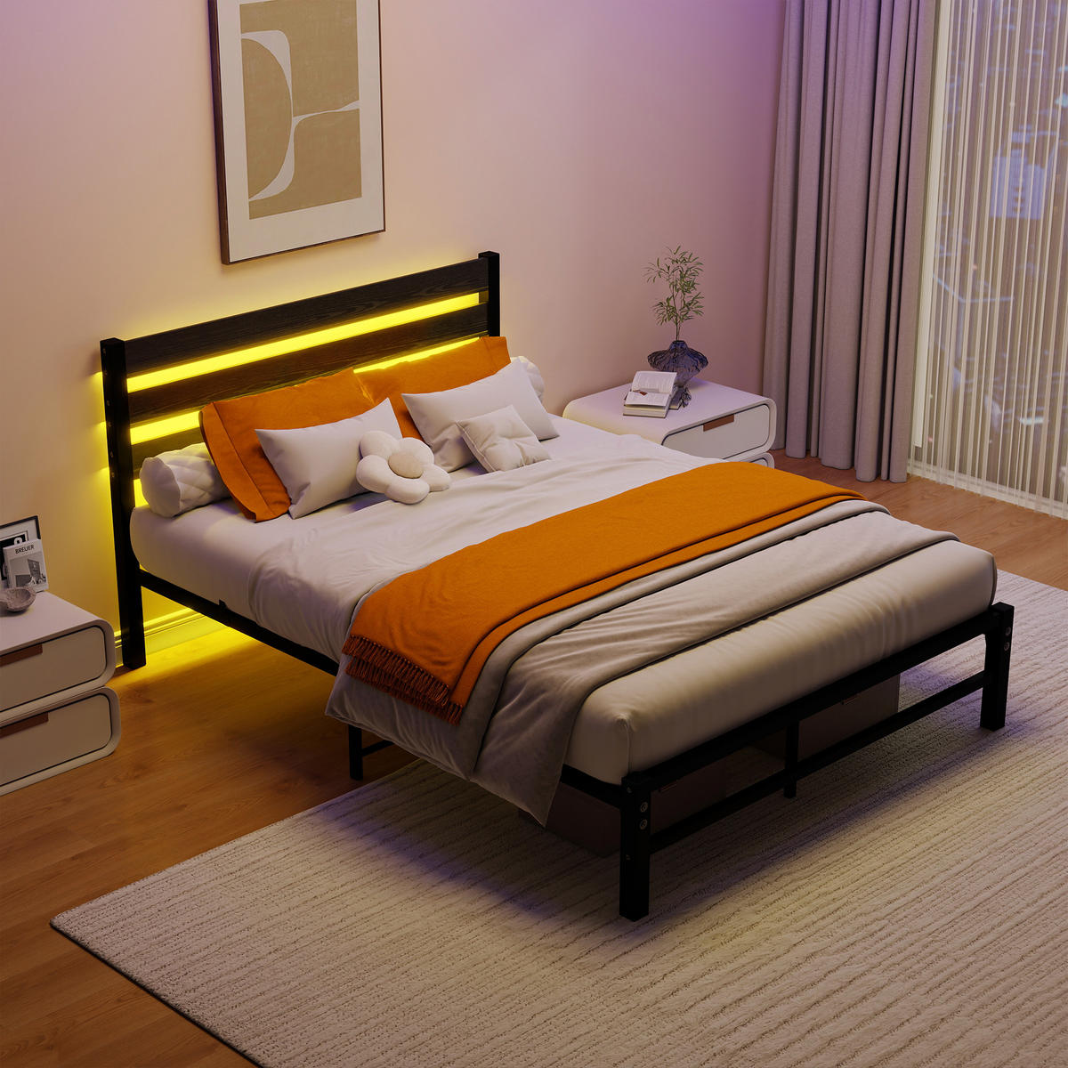 METALLBETT 140/200 cm Schwarz mit USB-Ladestation und LED-Bettrahmen - Schwarz, Metall (140/200cm) - Oxeza