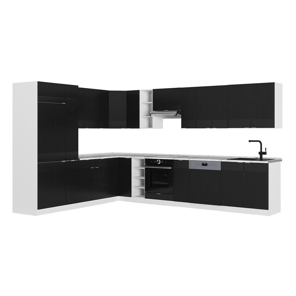 ECKKÜCHE Fame-Line, Schwarz gestreift/Weiß, 347 x 257 cm ohne Arbeitsplatte - Schwarz/Weiß, Holzwerkstoff (347/206.8/51.6cm) - Vicco