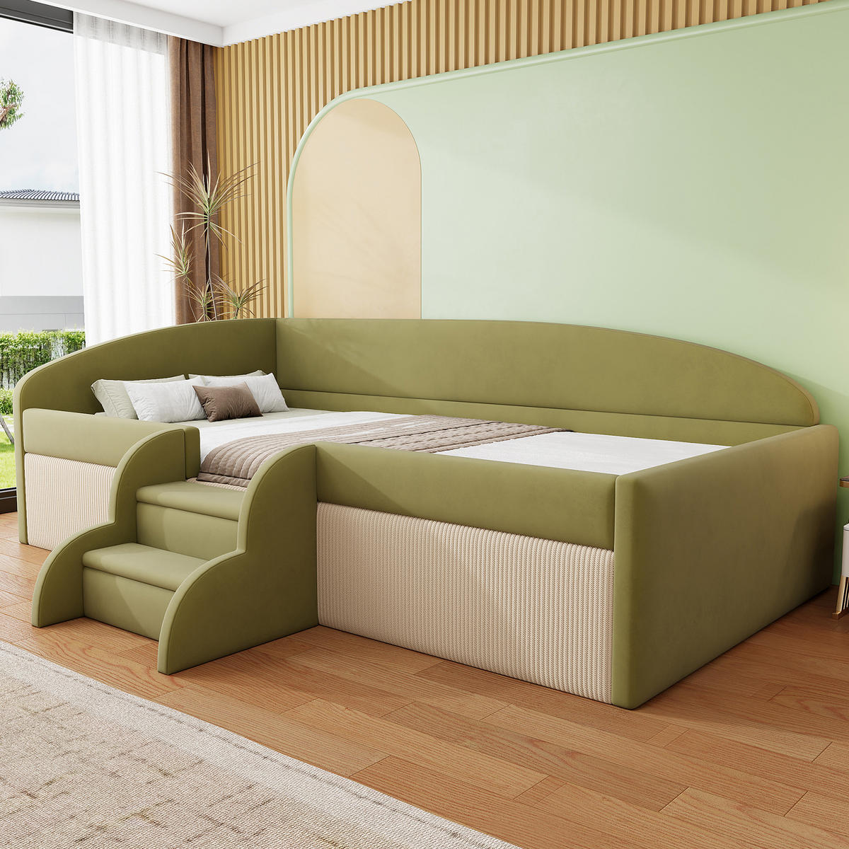 KINDERBETT 90/190 cm Dunkelgrün Cremeweiß Multifunktionsbett mit Stufen und Zäunen - Grün, Textil (90/200cm) - OKWISH