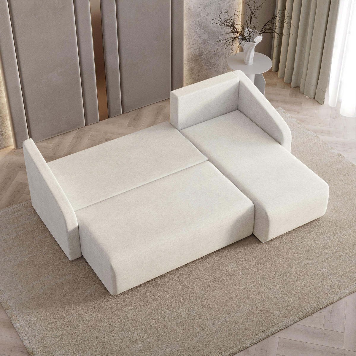 ECKSOFA MARELLO Creme Geflochtener Stoff mit Schlaffunktion - Creme, Holz (220/143cm) - MASSENO