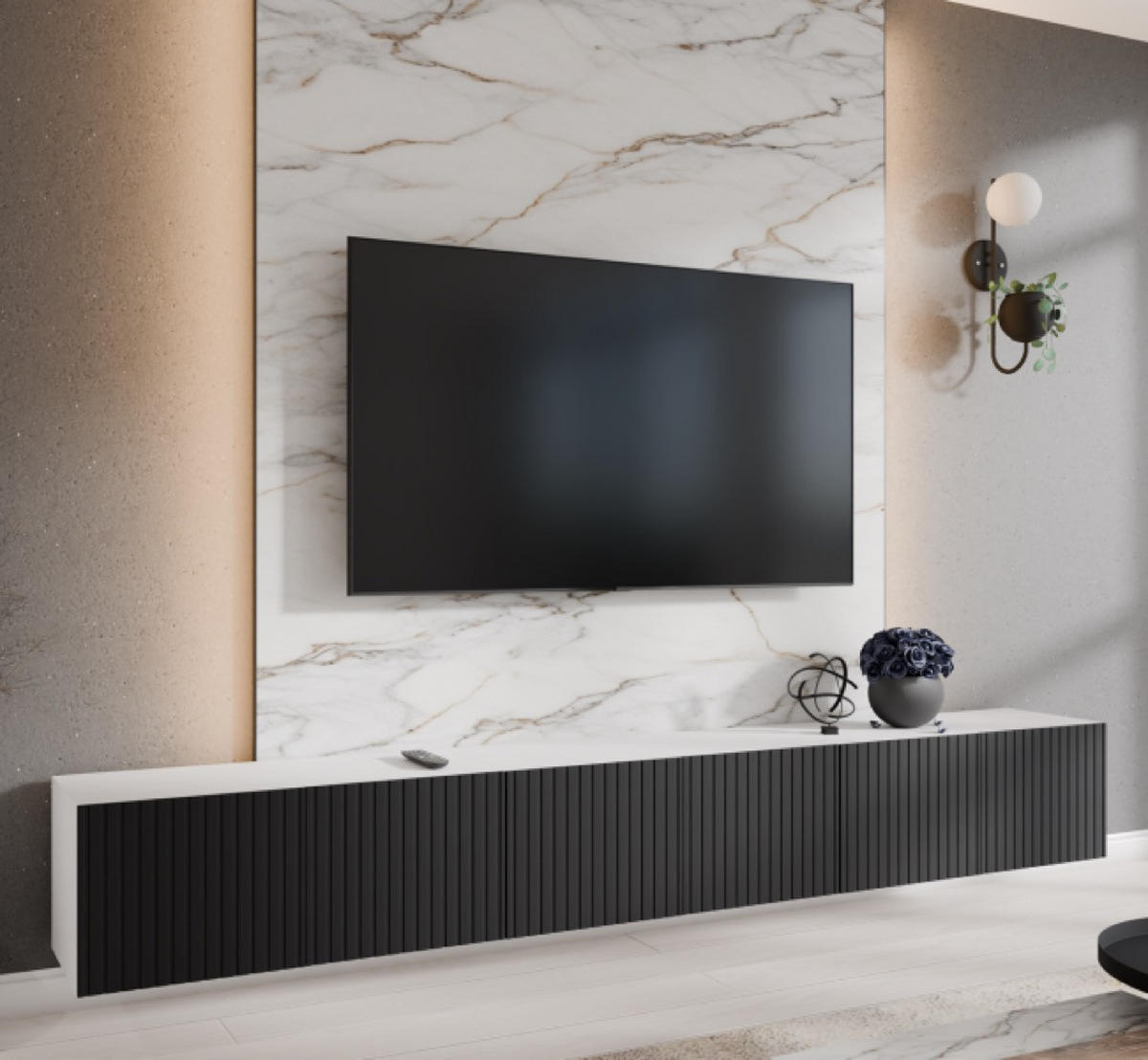 TV-LOWBOARD Weiß Schwarz RIO Geschlossen Gerillt 300 cm - Schwarz, Holzwerkstoff (300/41/40cm) - Sepro Meble