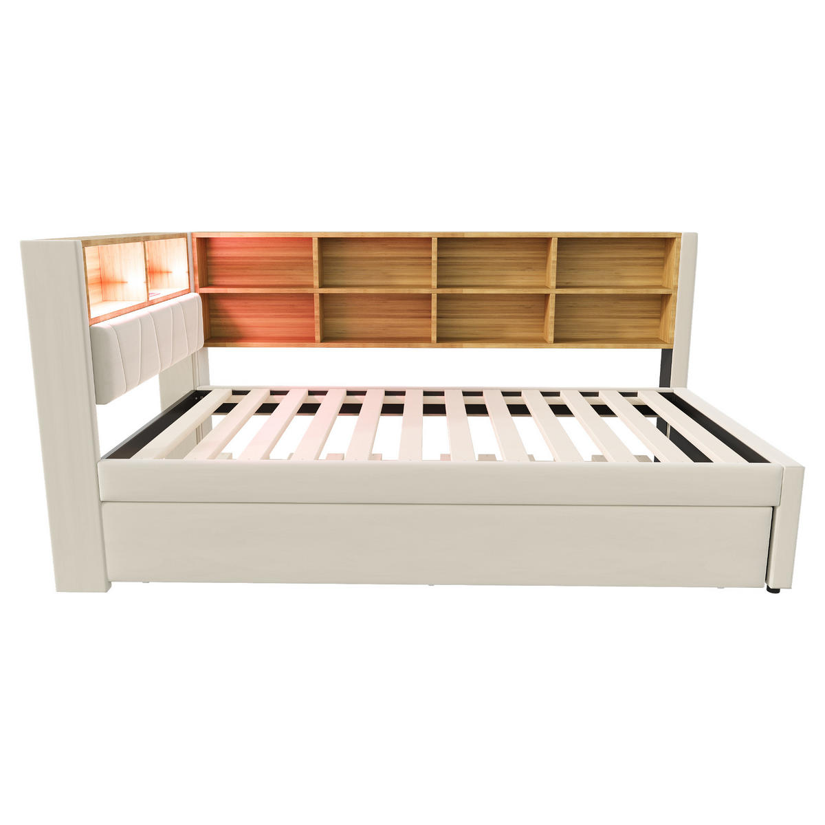BETT 90/200 cm mit Ausziehbett 90/190 cm Flanell Beige mit LED-Beleuchtung und Multifunktionsanschlüssen - Beige, Textil (90/200cm) - OKWISH